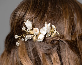 Floral Bridal Comb, Flower Wedding Hair Comb, Bridal Comb, Bridal Hair Accessory, Gold Wedding Hair Accessory, Gold Floral Comb for Brides