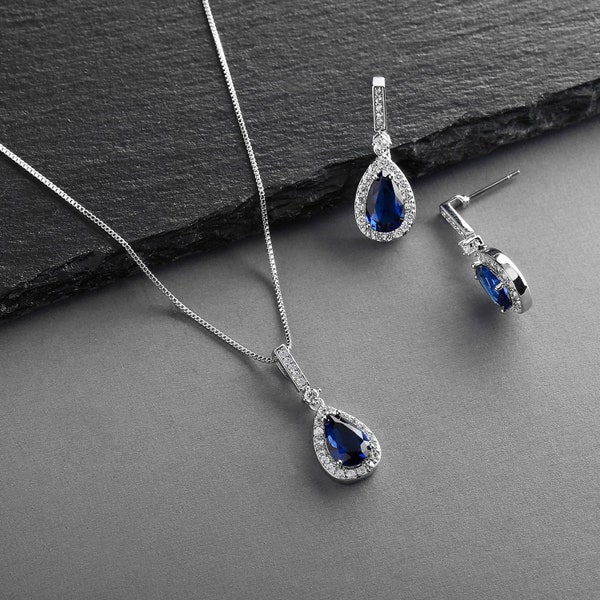 Something Blue CZ Jewelry Set, Bridal Jewelry Set for Brides, Sapphire Blue Necklace & Earrings Set, Silver Bridal Jewelry Set for Wedding