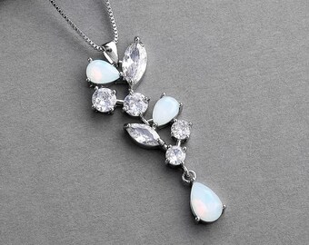 Opal CZ Crystal Necklace, White Opal Drop Necklace, Opal Wedding Necklace for Bride, Opal Bridal Jewelry, Blue White Opal Bridal Necklace