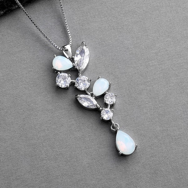 Opal CZ Crystal Necklace, White Opal Drop Necklace, Opal Wedding Necklace for Bride, Opal Bridal Jewelry, Blue White Opal Bridal Necklace