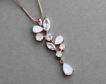 Rose Gold Opal CZ Crystal Necklace, White Opal Drop Necklace, Rose Gold Opal CZ Wedding Necklace for Brides, Rose Gold Opal Bridal Jewelry