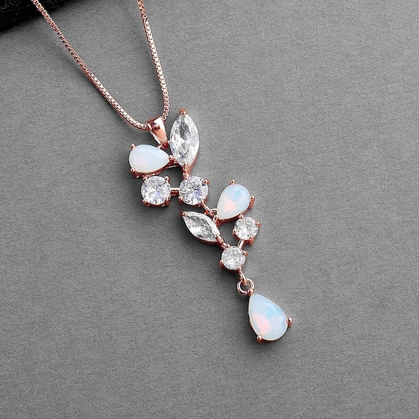 Rose Gold Opal CZ Crystal Necklace, White Opal Drop Necklace, Rose Gold Opal CZ Wedding Necklace for Brides, Rose Gold Opal Bridal Jewelry