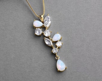 Gold Opal CZ Crystal Necklace, White Opal Drop Necklace, Gold Opal CZ Wedding Necklace for Brides, Yellow Gold Opal Bridal Pendant Necklace
