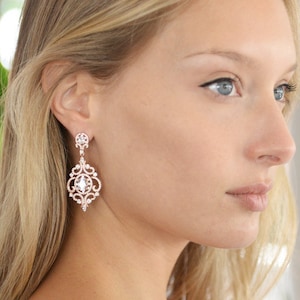 Rose Gold Clip-On Earrings, Earring for Bride, CZ Wedding Earring, Bridal Earrings, Chandelier Earring, CZ Wedding Jewelry, Bridal Jewelry