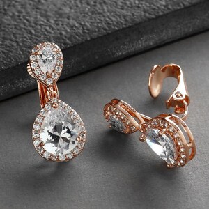 Rose Gold Clip-On Earring, Bridal Earrings, CZ Wedding Earrings, Teardrop Dangle Earring, Wedding Jewelry, Bridal Jewelry, Earring for Bride image 5