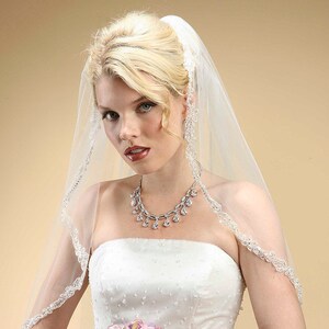 Rhinestone Edge Mantilla Wedding Veil with Floral Applique image 1