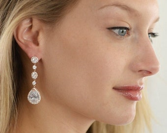 Rose Gold Clip-On Earrings, Bridal Earrings, CZ Wedding Earring, Teardrop Dangle Earring, Wedding Jewelry, Bridal Jewelry, Earring for Bride