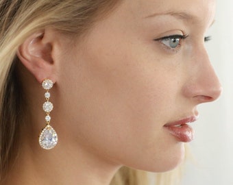 Gold Bridal Earring, CZ Wedding Earrings, Bridal Earrings, Teardrop Dangle Earrings, Wedding Jewelry, Bridal Jewelry, Gold Earring for Bride