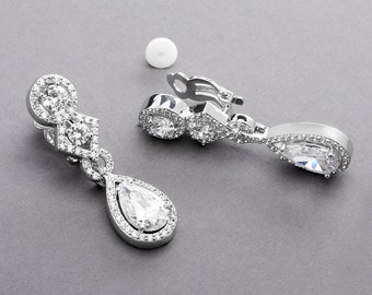 Cubic Zirconia Clip-On Wedding Earrings with Pave Frames Pear Dangle and Art Deco Tops