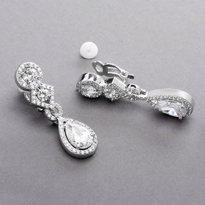 Cubic Zirconia Clip-On Wedding Earrings with Pave Frames Pear Dangle and Art Deco Tops image 1