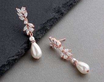 Rose Gold Pearl Wedding Earrings, Pearl Drop Bridal Earrings, Handmade Pearl Bridal Earrings, Pearl Dangle Wedding Earring, Pearl CZ Earring