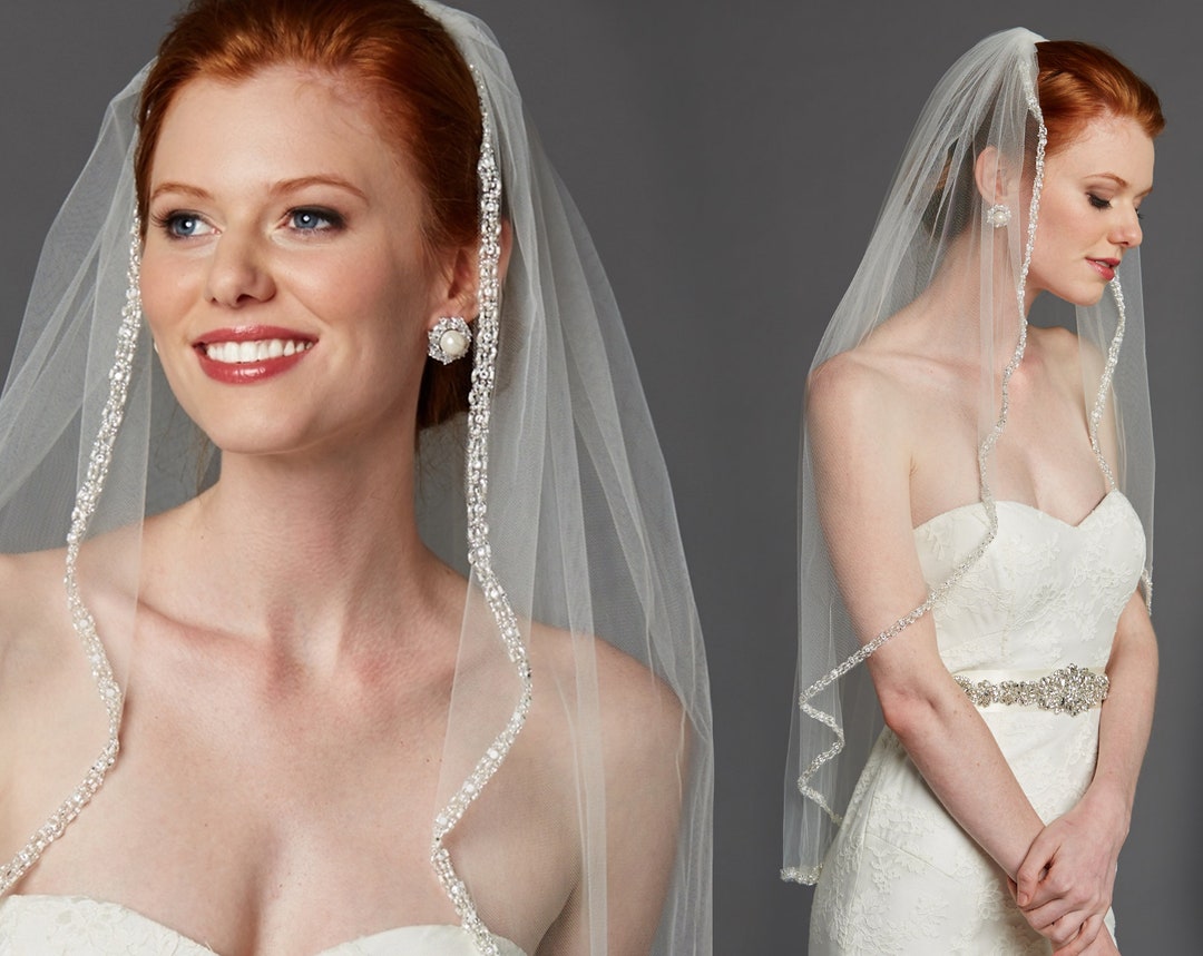 Crystal Beaded Wedding Veil, Ivory Bridal Veil, Ivory Veil, Fingertip