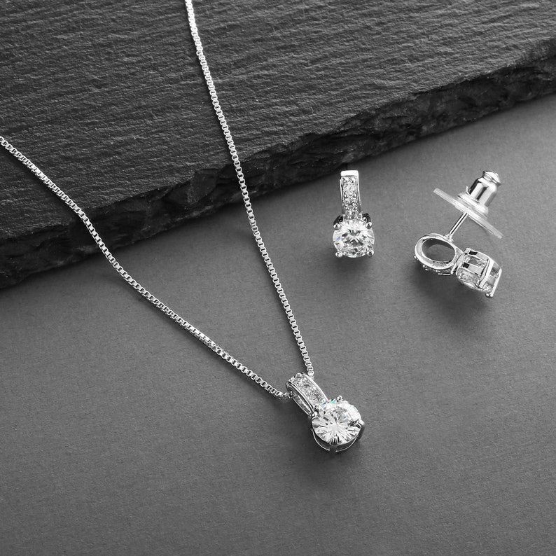 Wedding Jewelry Set, Cubic Zirconia Bridal Jewelry, CZ Jewelry Set for Bride, CZ Jewelry Set, CZ Pendant Set, Silver Necklace & Earrings Set image 6