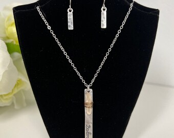 Silver Balance Etched Hammered Texture Dangle Earrings and Inspirational Vertical Pendant Necklace Set, Jewelry, Necklace Earring Set