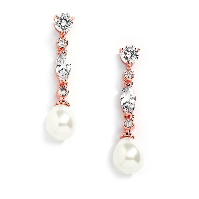 Mariell Linear Cubic Zirconia and Bold Pearl Teardrop Wedding Earrings for Brides 14K Rose Gold Plated