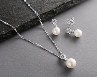 Pearl Wedding Jewelry, Cubic Zirconia Bridal Jewelry, Jewelry Set for Bride, CZ Jewelry Set, Pearl Pendant Set, Pearl Necklace & Earring Set