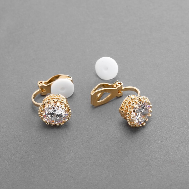 Gold Clip-On Wedding Earring, Clip-On Bridal Earring, Clip On Cubic Zirconia Earring, Clip-On Earrings for Bride, Non-Pierced CZ Earrings image 4