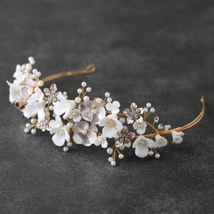 Gold Floral Pearl Split Headband, Gold Wedding Tiara, Pearl Bridal Headpiece, Wedding Hairpiece, Bridal Headband, Boho Bridal Hair Accessory