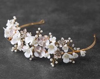 Gold Floral Pearl Split Headband, Gold Wedding Tiara, Pearl Bridal Headpiece, Wedding Hairpiece, Bridal Headband, Boho Bridal Hair Accessory