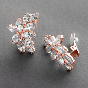 Rose Gold Clip-On Wedding Earrings, Rose Gold Clip-On Bridal Earrings, Rose Gold Clip-On CZ Earrings, Rose Gold Clip-On Earrings, Blush Gold image 2