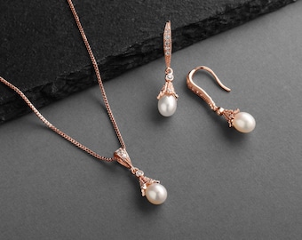 Rose Gold Freshwater Pearl Jewelry Set, Rose Gold Jewelry Set, Bridal Jewelry Set, Pearl Bridal Jewelry, Wedding Jewelry Set for Brides