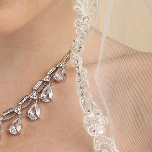 Rhinestone Edge Mantilla Wedding Veil with Floral Applique image 2