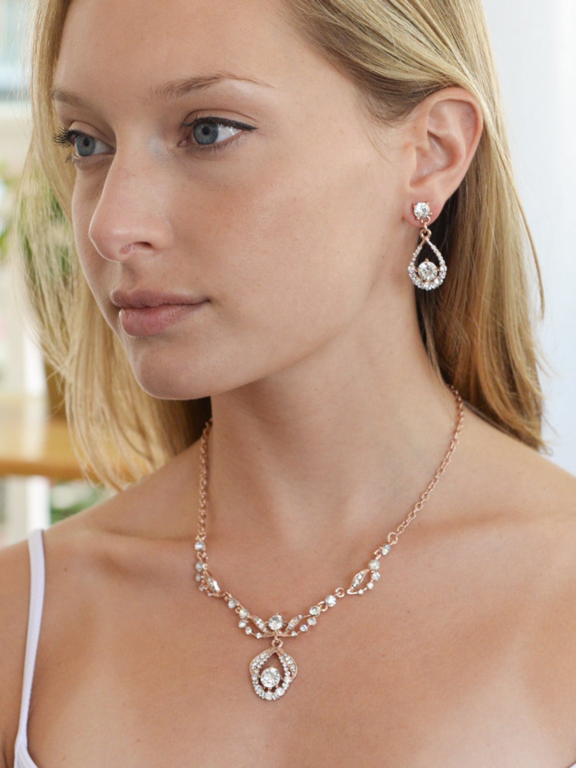 Rose Gold Bridal Jewelry Set Wedding Jewelry Set Crystal Etsy