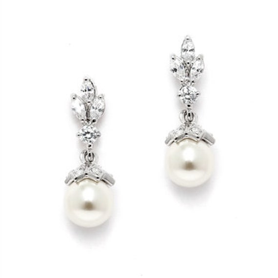 Mariell Vintage CZ and Ivory Pearl Drop Clip On Wedding Earrings for Brides