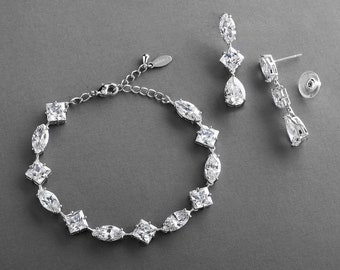 Wedding Earrings & Bracelet Set, Bridal Jewelry Set, Wedding Jewelry Set, Bridal Bracelet Earrings Set, CZ Wedding Bracelet Set for Brides