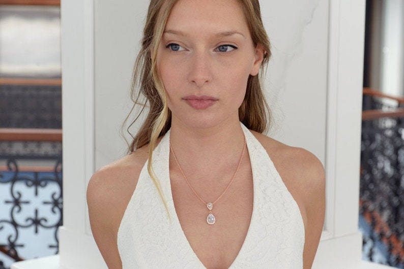 Rose Gold Bridal Necklace Drop Pendant Necklace CZ Necklace for Brides Pendant Necklace for Brides Wedding Necklace CZ Pendant Necklace