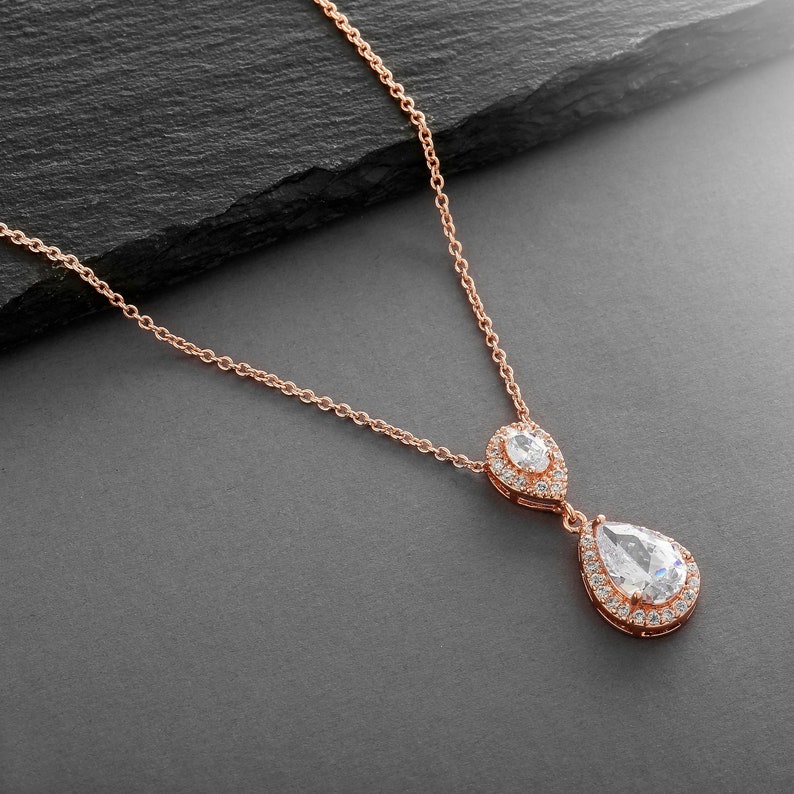 Rose Gold Bridal Necklace Drop Pendant Necklace CZ Necklace for Brides Pendant Necklace for Brides Wedding Necklace CZ Pendant Necklace