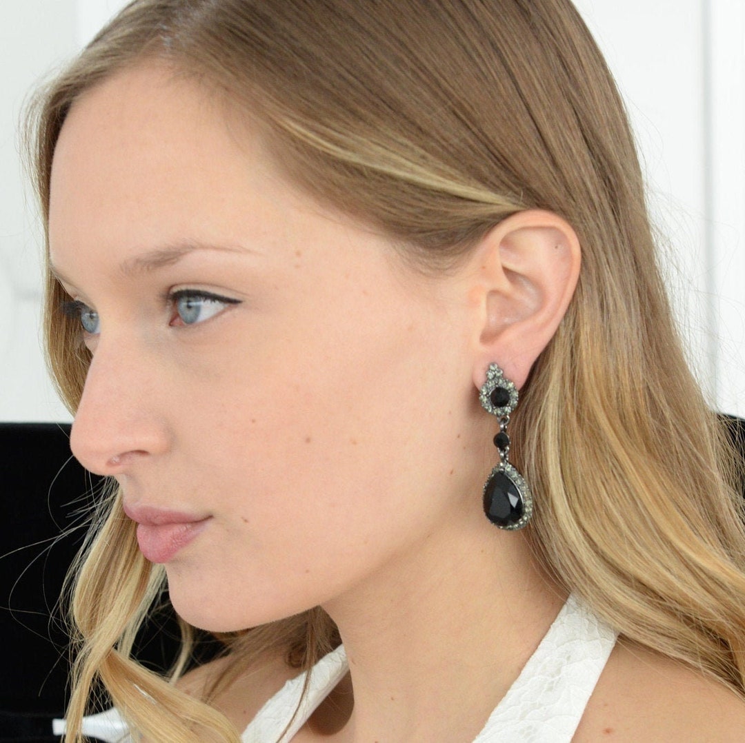 Clipon Prom Earrings, Black Crystal Earring, Black Clip on Earring