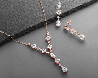 Rose Gold Wedding Necklace & Earrings Set for Brides, Rose Gold Bridal Jewelry, Bridesmaids Sets, CZ Bridal Jewelry, Bridal Necklace Set