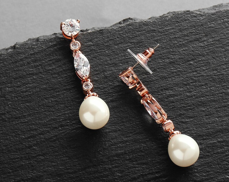 Mariell Linear Cubic Zirconia and Bold Pearl Teardrop Wedding Earrings for Brides 14K Rose Gold Plated