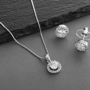 Wedding Jewelry Set, Cubic Zirconia Bridal Jewelry, CZ Jewelry Set for Bride, CZ Jewelry Set, CZ Pendant Set, Silver Necklace & Earrings Set