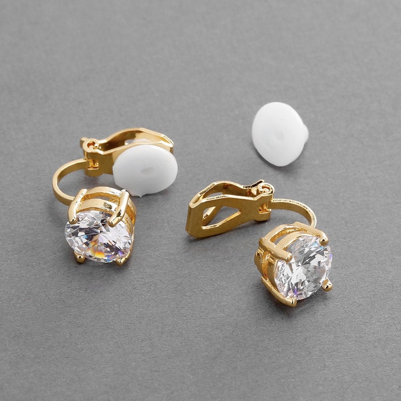 Gold Clip-On Wedding Earring, Clip-On Bridal Earring, Clip On Cubic Zirconia Earring, Clip-On Earrings for Bride, Non-Pierced CZ Earrings image 4