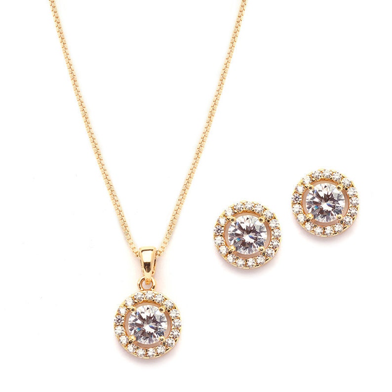 Gold Wedding Jewelry, Cubic Zirconia Bridal Jewelry, Jewelry Set for Bride, CZ Jewelry Set, Gold Pendant Set, Gold Necklace & Earrings Set image 6