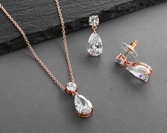 Rose Gold Bridal Pendant Set, CZ Wedding Pendant Set, CZ Drop Bridal Jewelry Set, Rose Gold Wedding Jewelry Set, CZ Jewelry Set for Brides