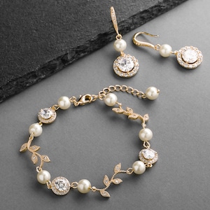Gold Pearl Jewelry Set, Gold Jewelry Set For Brides, Bridal Bracelet & Earrings Jewelry Set, Pearl Bridal Jewelry, Pearl Wedding Jewelry Set image 1