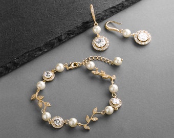 Gold Pearl Jewelry Set, Gold Jewelry Set For Brides, Bridal Bracelet & Earrings Jewelry Set, Pearl Bridal Jewelry, Pearl Wedding Jewelry Set