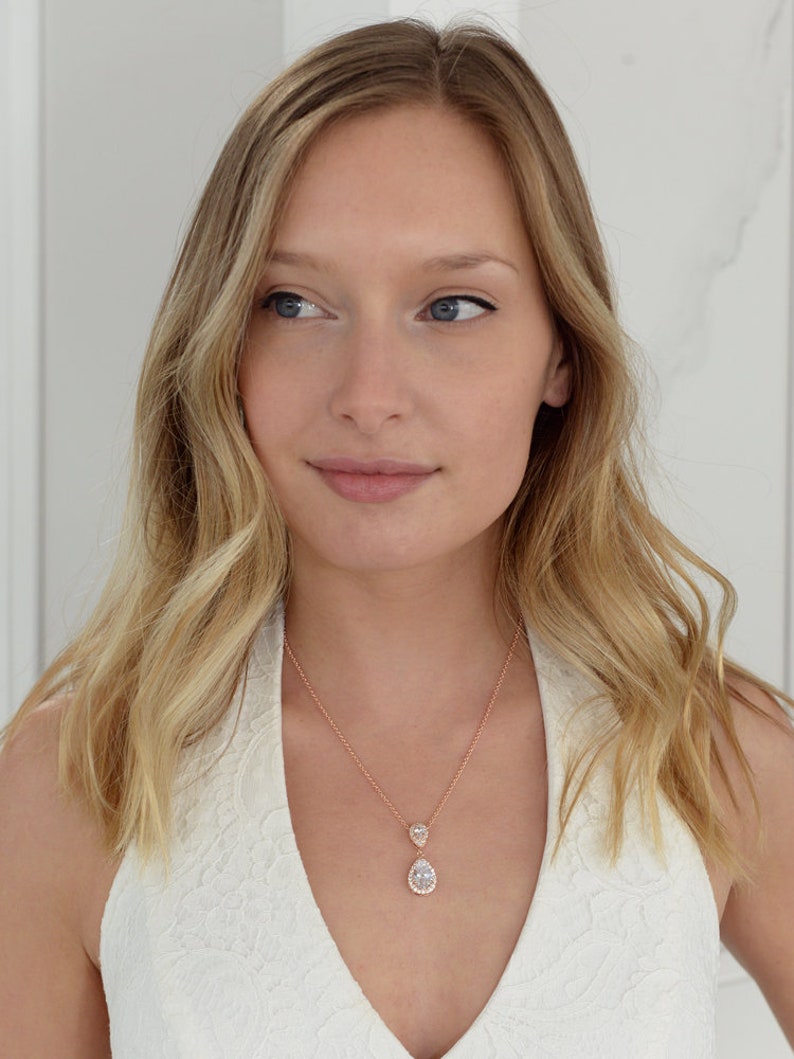 Rose Gold Bridal Necklace Drop Pendant Necklace CZ Necklace for Brides Pendant Necklace for Brides Wedding Necklace CZ Pendant Necklace