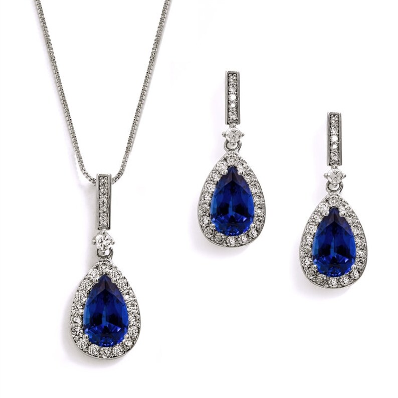 Something Blue CZ Jewelry Set, Bridal Jewelry Set for Brides, Sapphire Blue Necklace & Earrings Set, Silver Bridal Jewelry Set for Wedding image 5