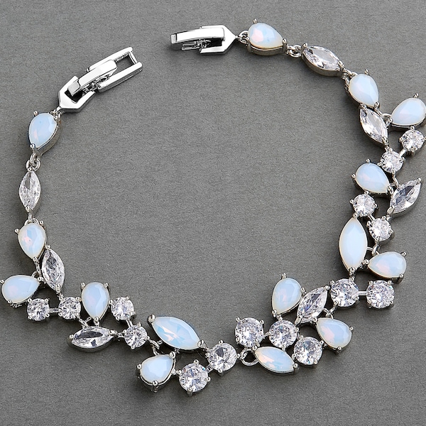 Silver Opal CZ Crystal Wedding Bracelet, Opal Bridal Jewelry, Opal Bridal Bracelet, Opal Bracelet, CZ Wedding Bracelet Matching Extender