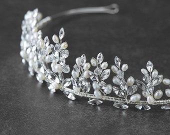 Pearl & Rhinestone Bridal Tiara, Wedding Headpiece, Bridal Hair Accessories, Pearl Wedding Tiara, Pearl Headband, Pearl Crystal Tiara Crown