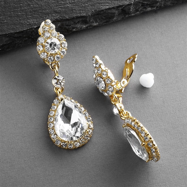 Gold Clip On Bridal Earring, Wedding Earrings, Bridal Earring, Teardrop Dangle Earrings, Gold Bridal Jewelry, Gold Clip On Earring for Bride image 3