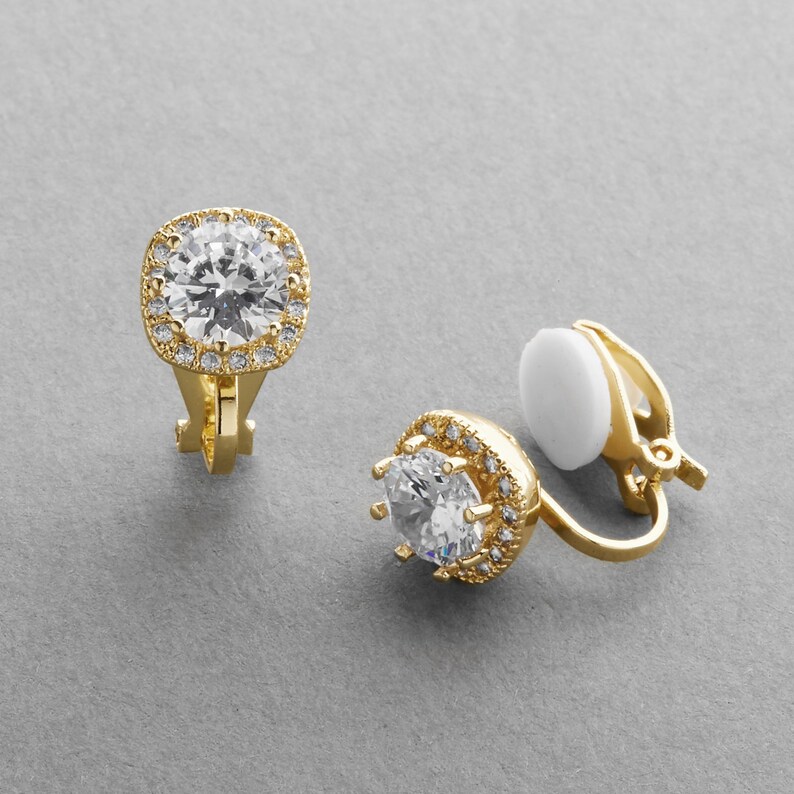 Gold Clip On Earring, Clip On Bridal Earring, Clip On CZ Wedding Earring, Clip On Wedding Earring, Non Pierced Earrings for Brides, Clip-On image 4