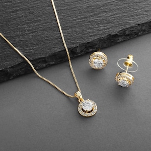 Gold Wedding Jewelry, Cubic Zirconia Bridal Jewelry, Jewelry Set for Bride, CZ Jewelry Set, Gold Pendant Set, Gold Necklace & Earrings Set image 1