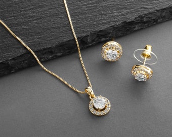 Gold Wedding Jewelry, Cubic Zirconia Bridal Jewelry, Jewelry Set for Bride, CZ Jewelry Set, Gold Pendant Set, Gold Necklace & Earrings Set