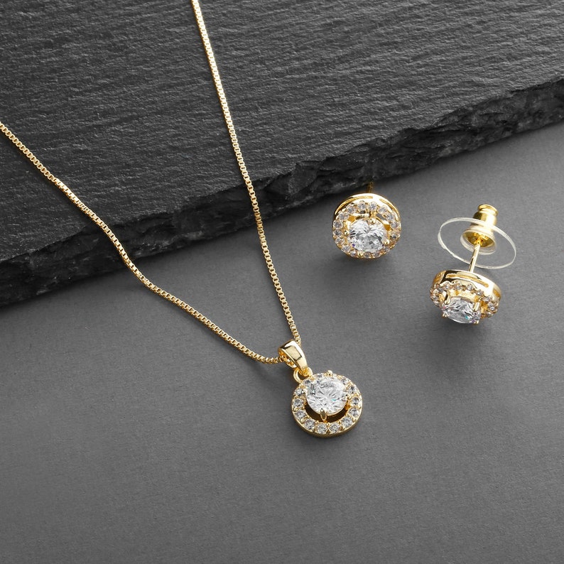 Gold Wedding Jewelry, Cubic Zirconia Bridal Jewelry, Jewelry Set for Bride, CZ Jewelry Set, Gold Pendant Set, Gold Necklace & Earrings Set image 1