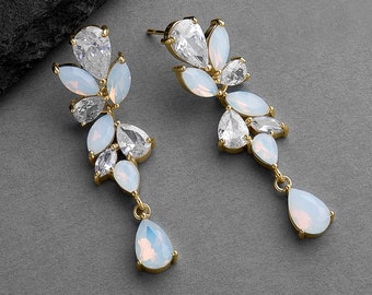 Yellow Gold Opal Earring, Gold Opal Drop Earring, Opal Dangle Earrings for Bride, Opal Bridal Jewelry, 14K Gold White Opal CZ Bridal Earring